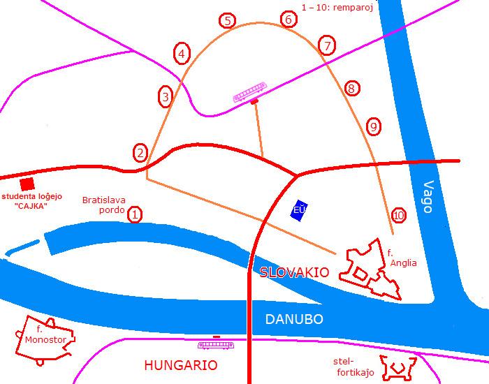 Komarno situas ambauxflanke de Danubo en SK kaj HU